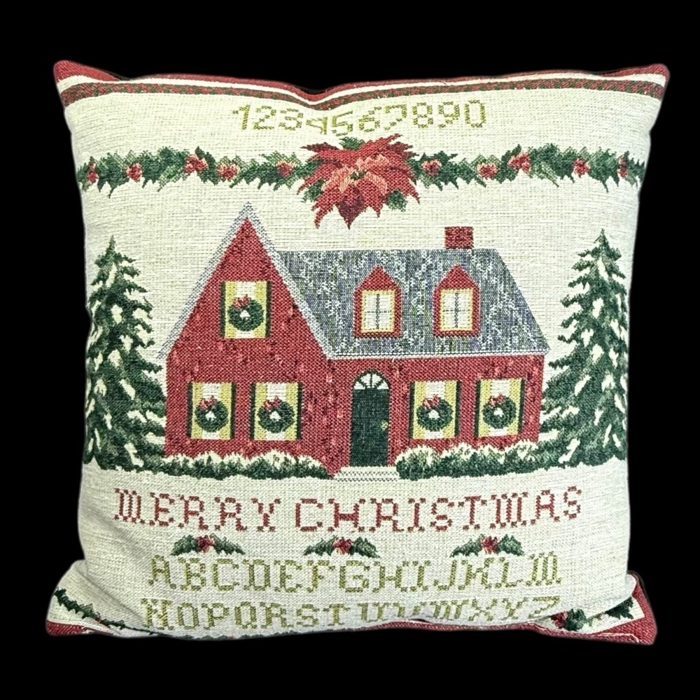 Merry Christmas Throw Pillow Tapastry Sampler Alphabet 15x15 Vintage Cottagecore